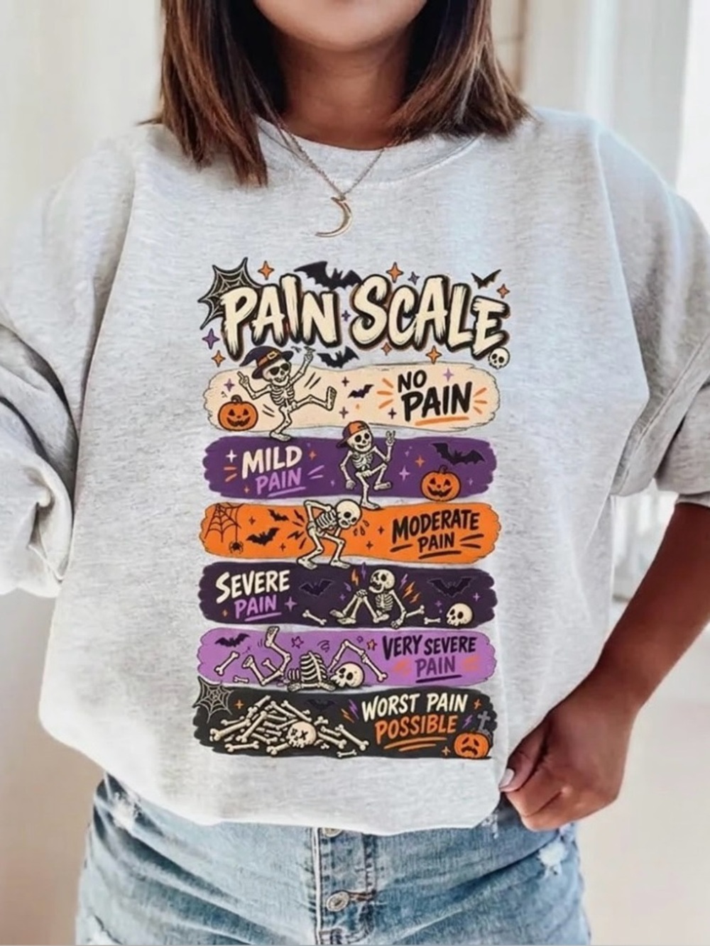 Retro Skeleton “Pain Scale” Halloween Graphic Sweatshirt